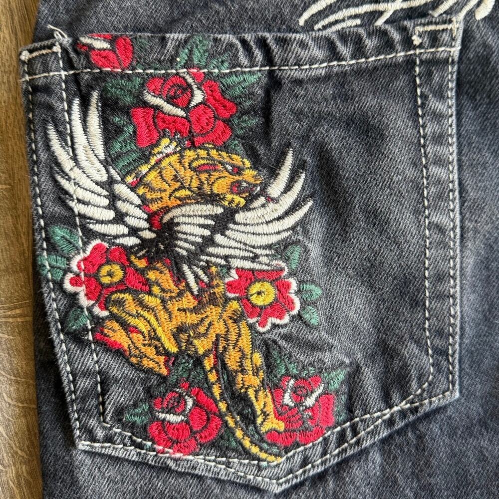 VTG Y2K Ninth Hall Idle Denim Jorts- Tattoo Embroidery Tiger Dragon Black Wms 4 - Picture 6 of 7